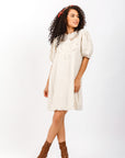 Vestido Corto Beige con Mangas Globo