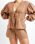Conjunto Blusa Manga Larga y Short Cafe