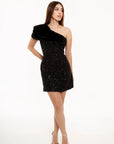 Vestido Mini Gabriella Negro con Lentejuelas y Pelo