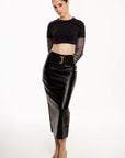 Falda Midi Negro Efecto Piel con Cinturón