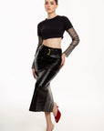 Falda Midi Negro Efecto Piel con Cinturón