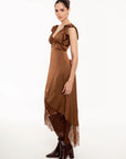 Vestido Midi Aurora Chocolate Satinado con Encaje