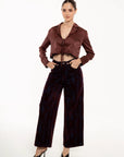 Pantalón Valeria Wide Leg Vino con Efecto Terciopelo