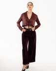 Pantalón Valeria Wide Leg Vino con Efecto Terciopelo