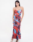 Vestido Largo Estampado Azul y Rojo