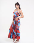 Vestido Largo Estampado Azul y Rojo