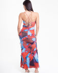 Vestido Largo Estampado Azul y Rojo