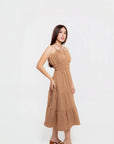Vestido Midi Camel con Cintura Elástica