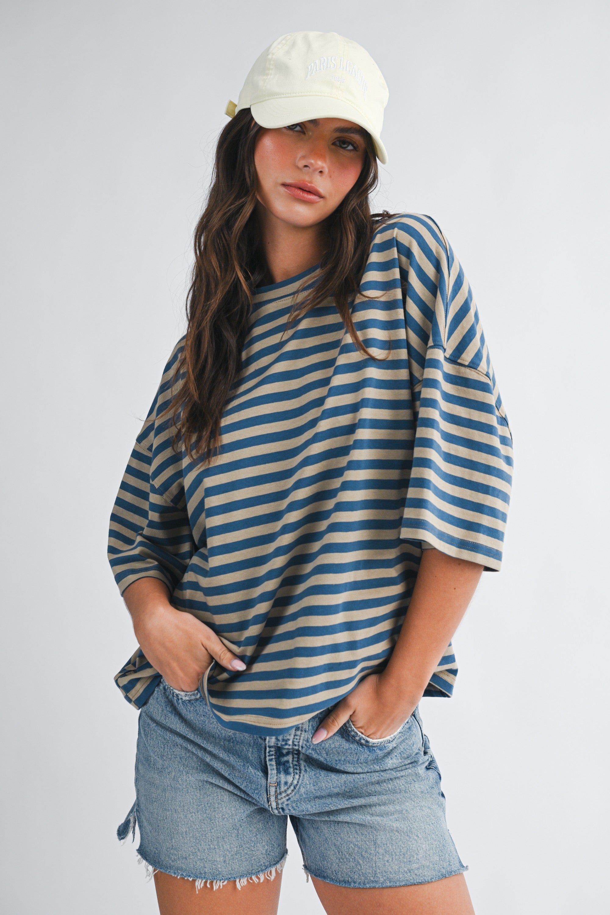 Blusa Oversize de Rayas Azul y Taupe