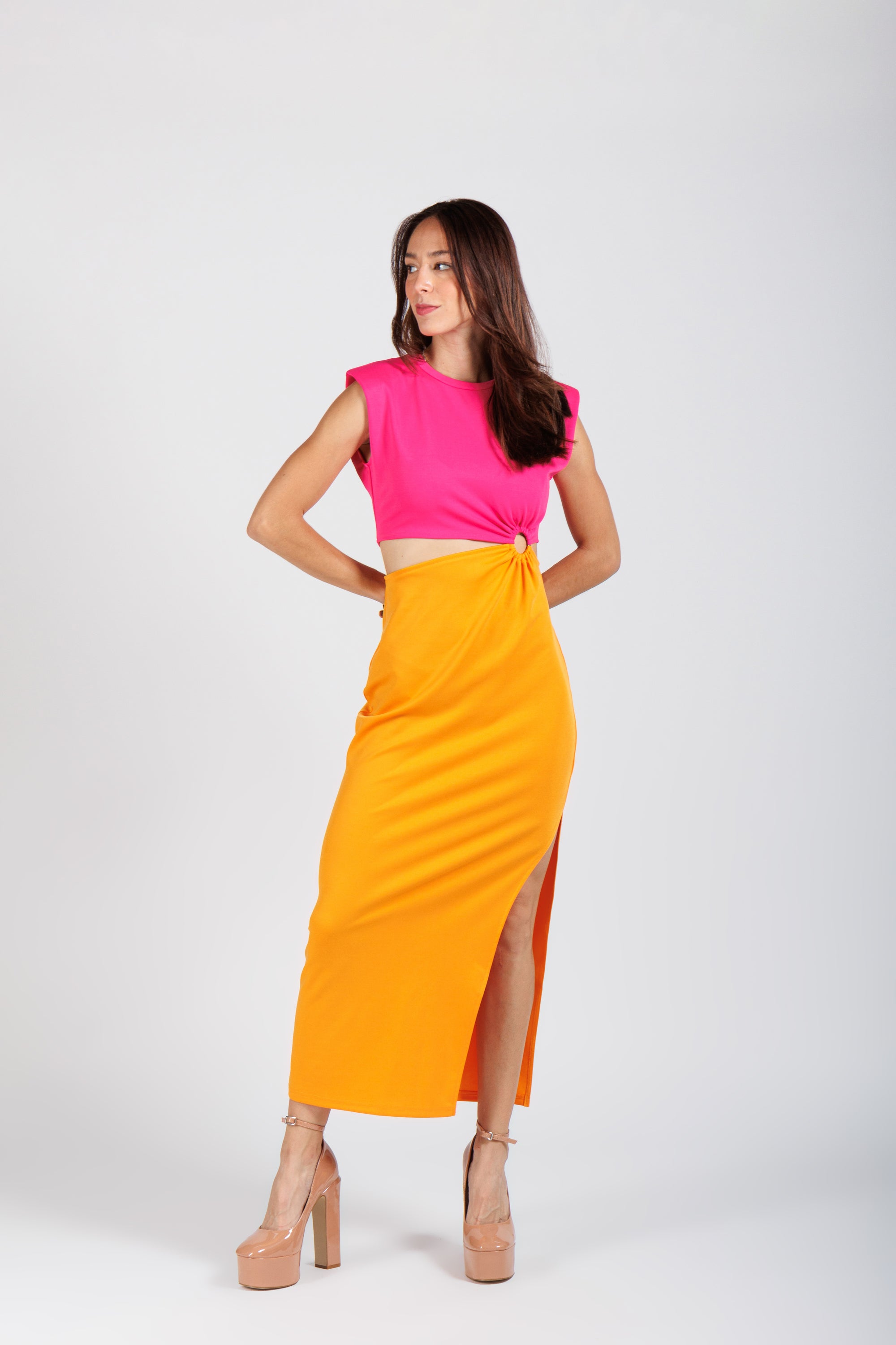 Vestido Largo Naranja y Rosa
