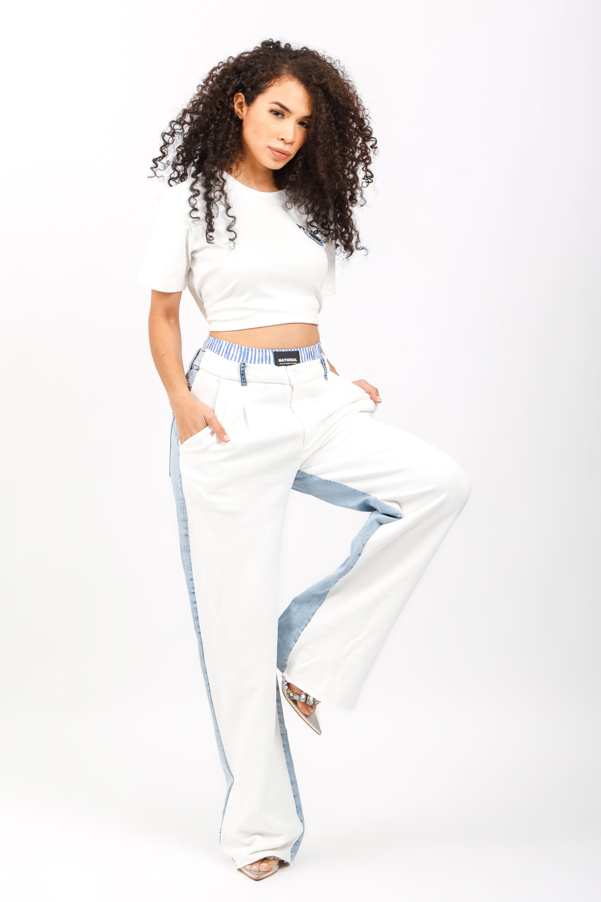 Pantalón de Mezcla Bicolor con Cintura a Rayas