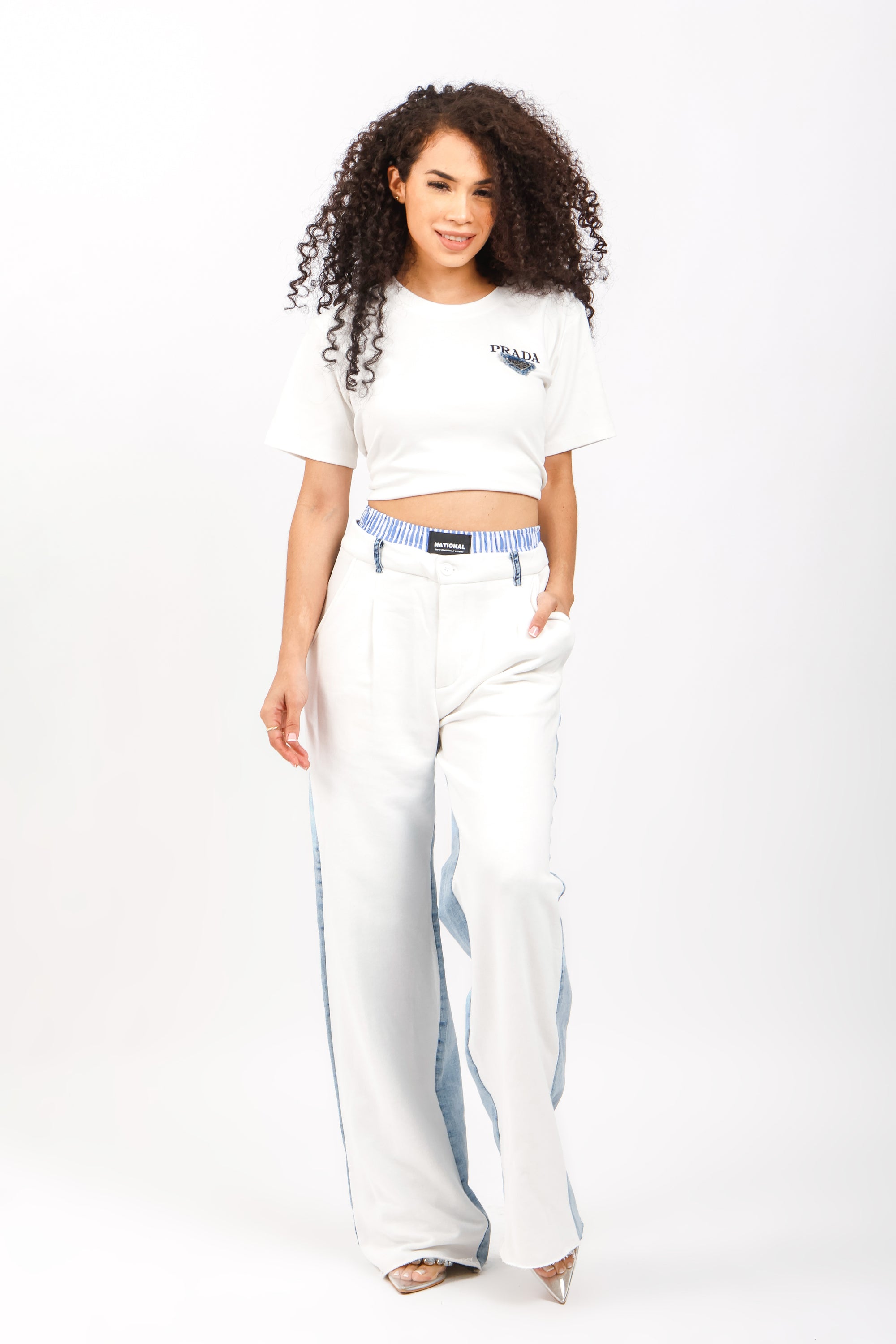 Pantalón de Mezcla Bicolor con Cintura a Rayas