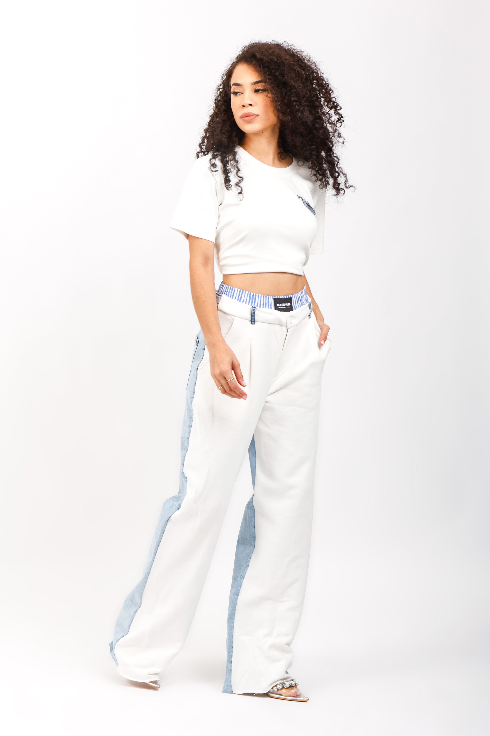 Pantalón de Mezcla Bicolor con Cintura a Rayas
