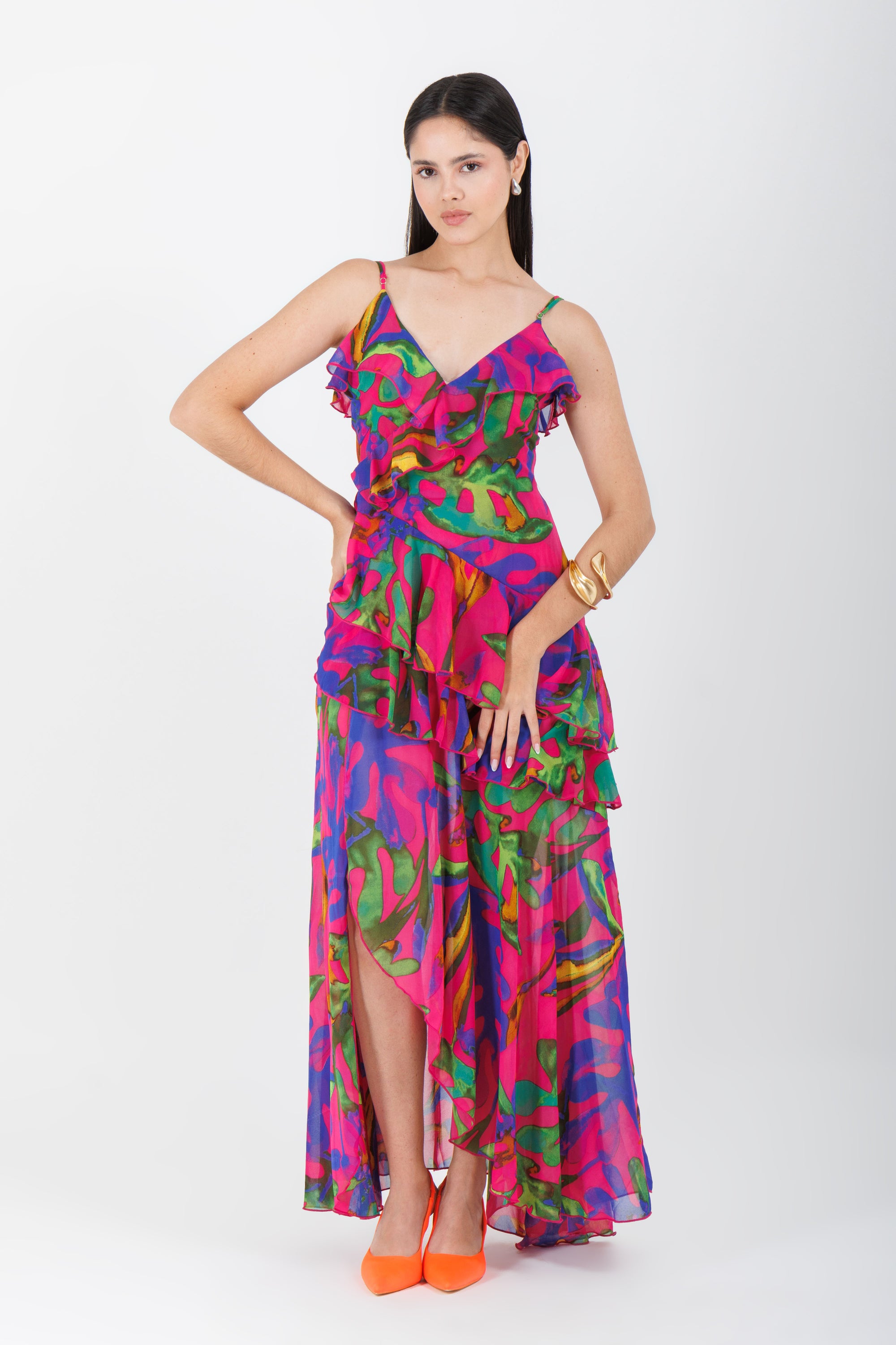 Vestido Midi Estampado Rosa
