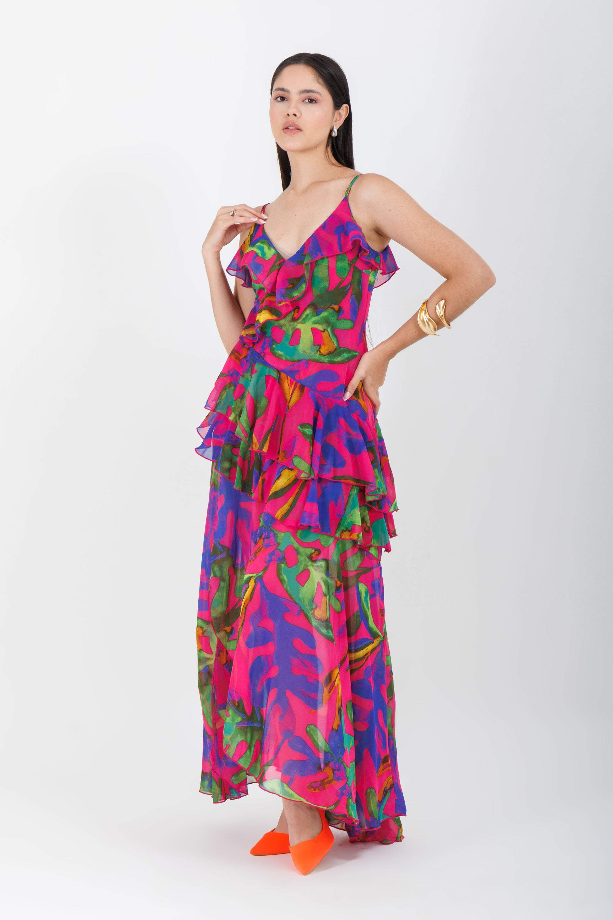 Vestido Midi Estampado Rosa