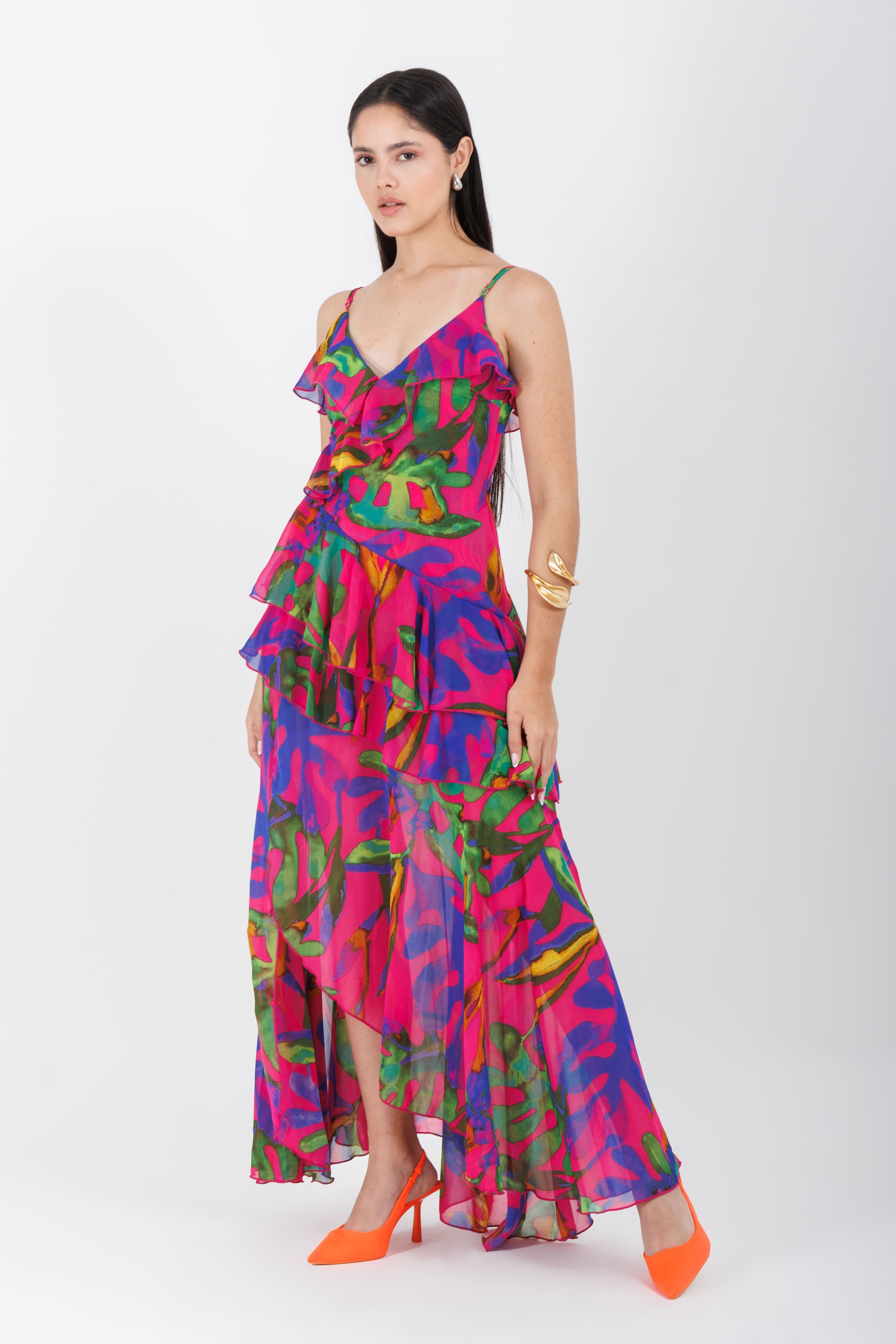 Vestido Midi Estampado Rosa