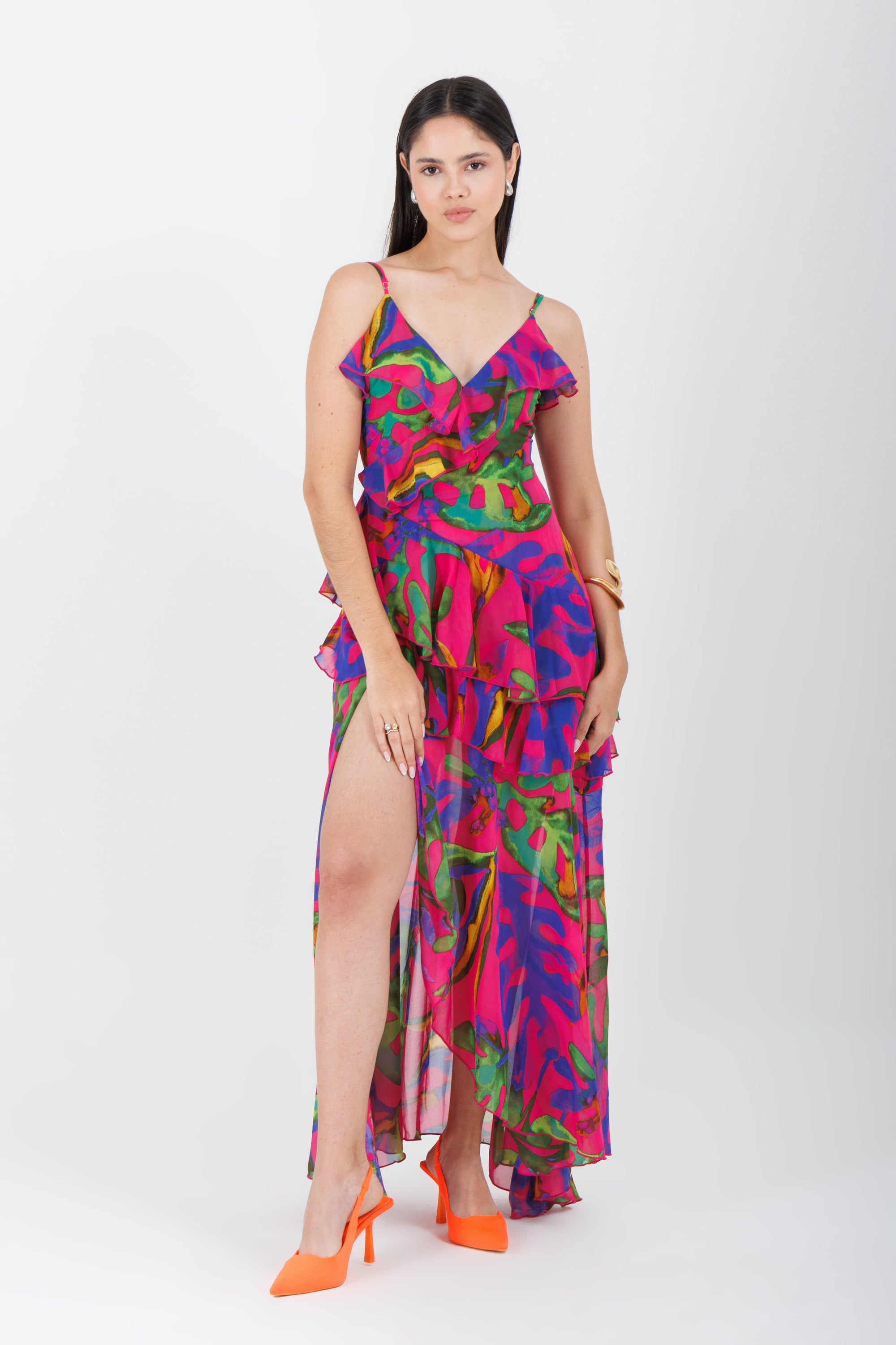 Vestido Midi Estampado Rosa