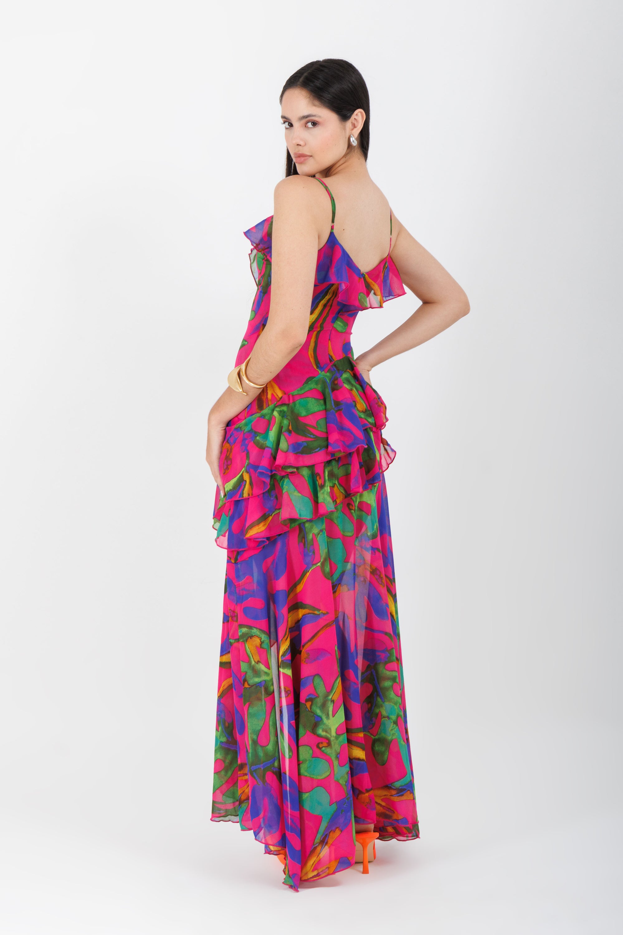Vestido Midi Estampado Rosa