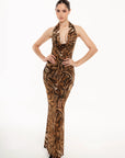 Vestido Largo Zafira Halter Animal Print Café