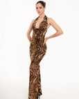 Vestido Largo Zafira Halter Animal Print Café