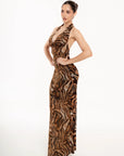Vestido Largo Zafira Halter Animal Print Café