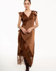 Vestido Midi Aurora Chocolate Satinado con Encaje