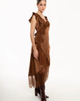 Vestido Midi Aurora Chocolate Satinado con Encaje