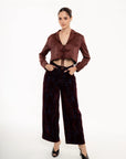 Pantalón Valeria Wide Leg Vino con Efecto Terciopelo