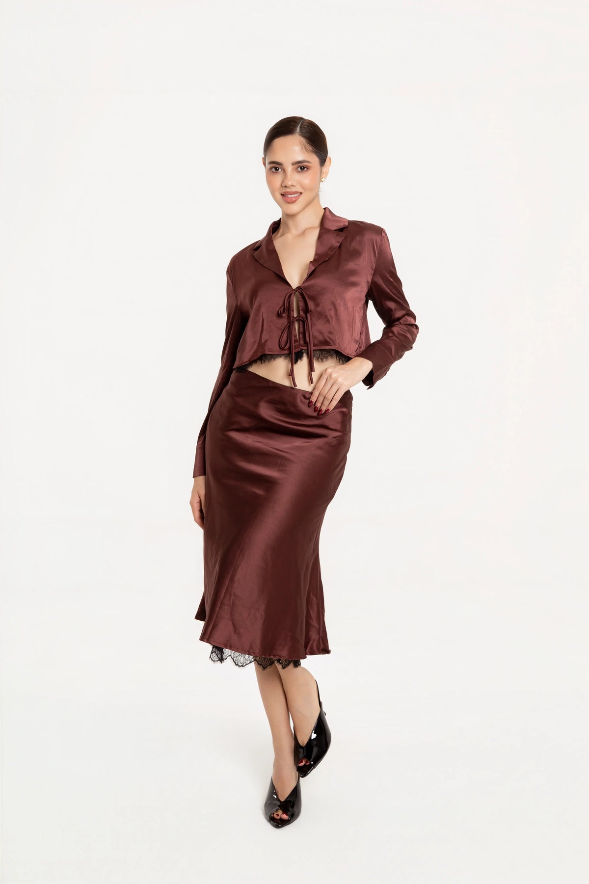 Conjunto Falda y Blusa Satinado Burgundy