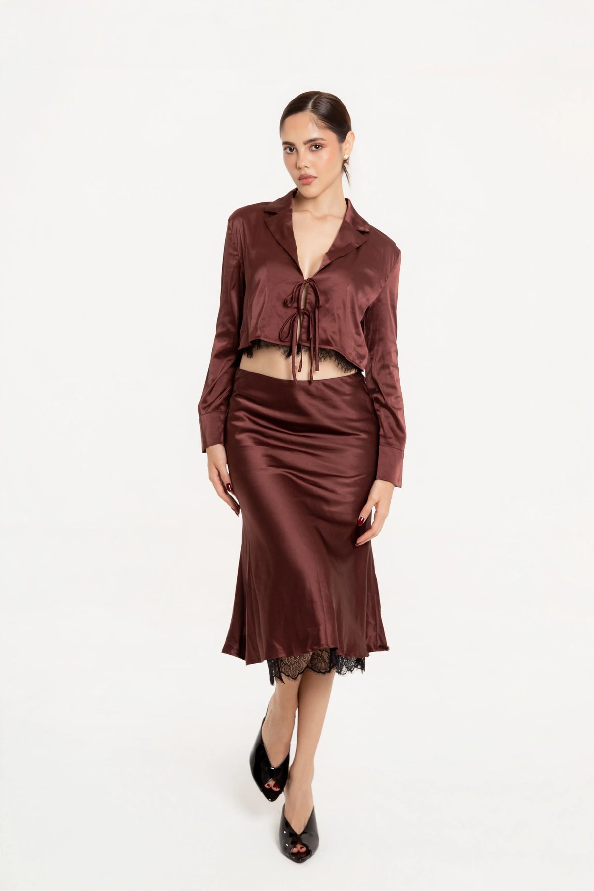 Conjunto Falda y Blusa Satinado Burgundy