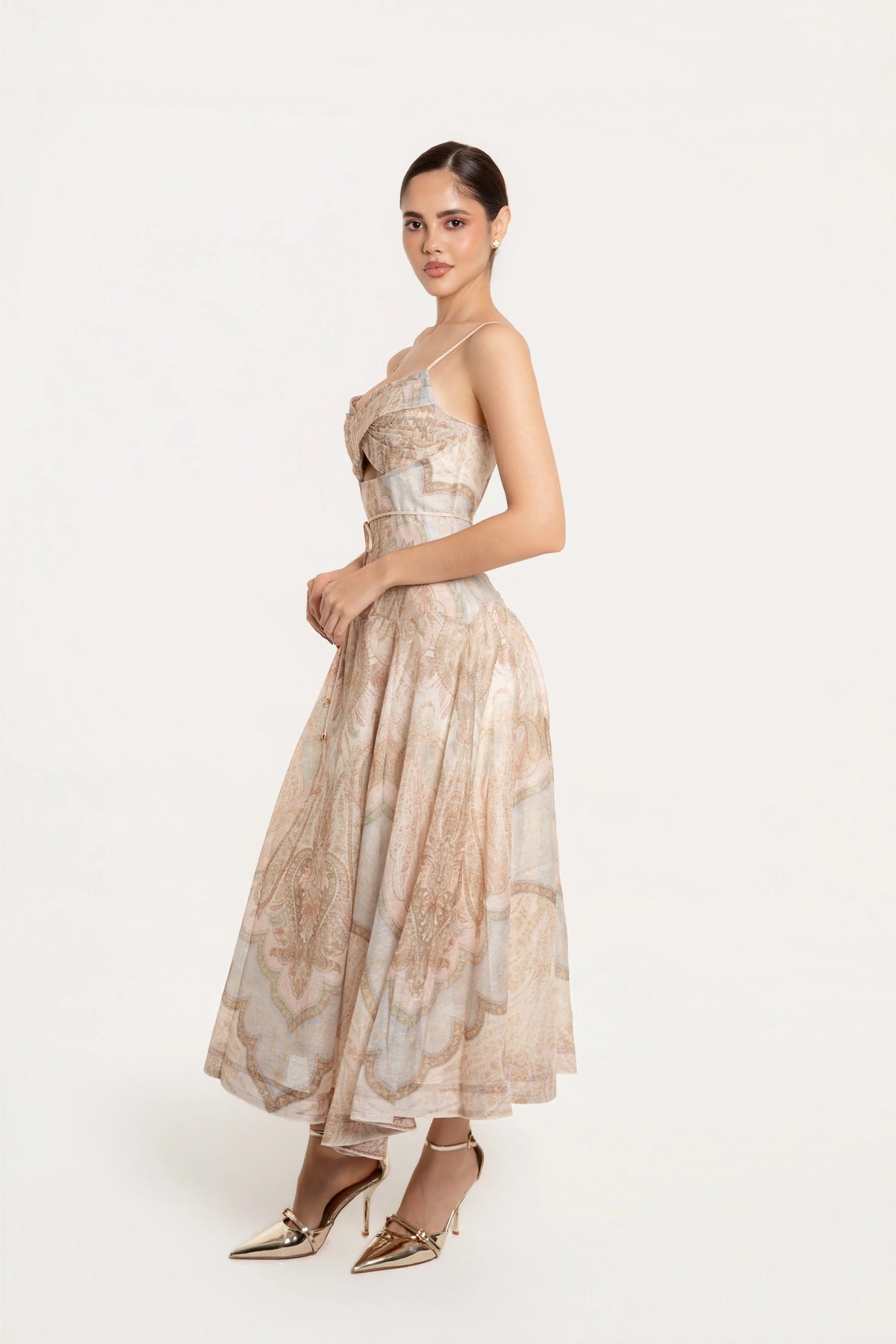 Vestido Midi Celeste Paisley Beige