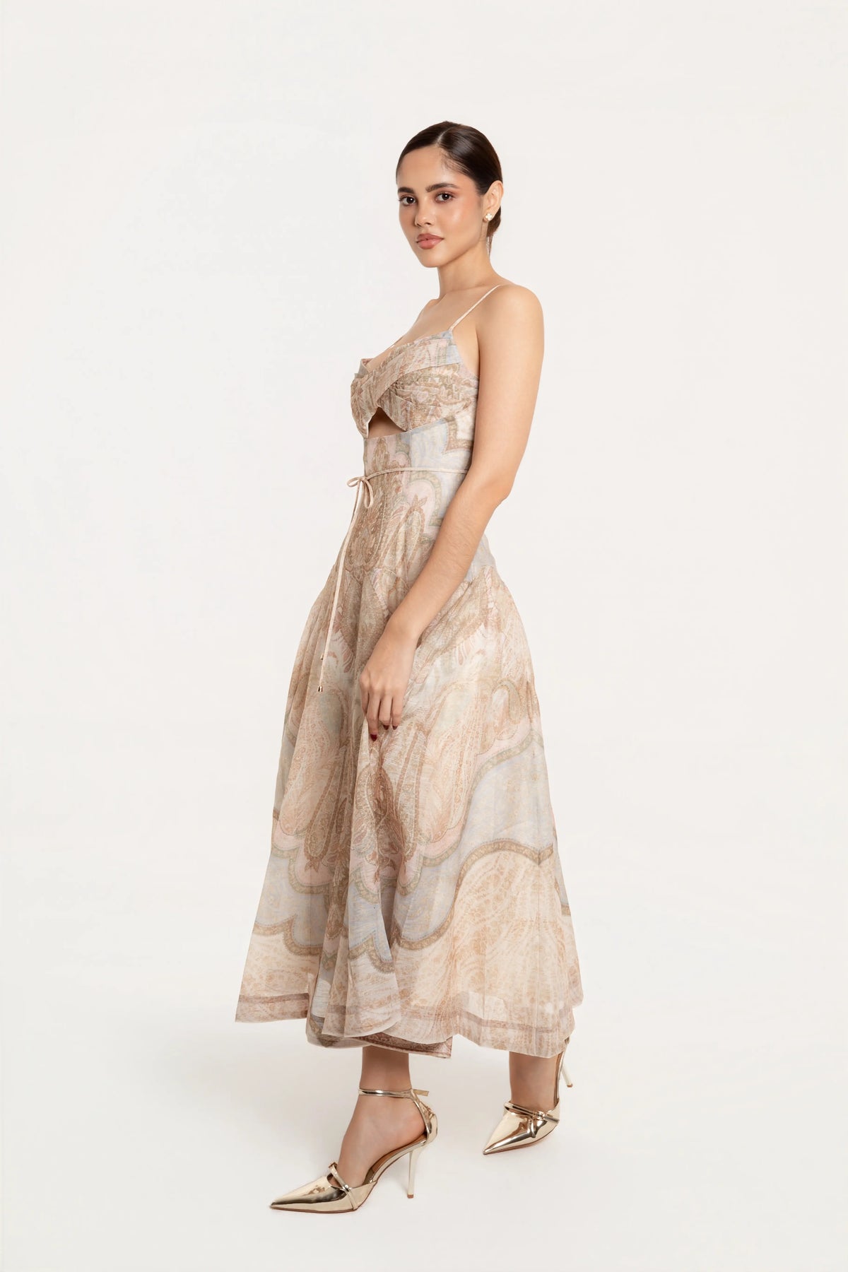 Vestido Midi Celeste Paisley Beige