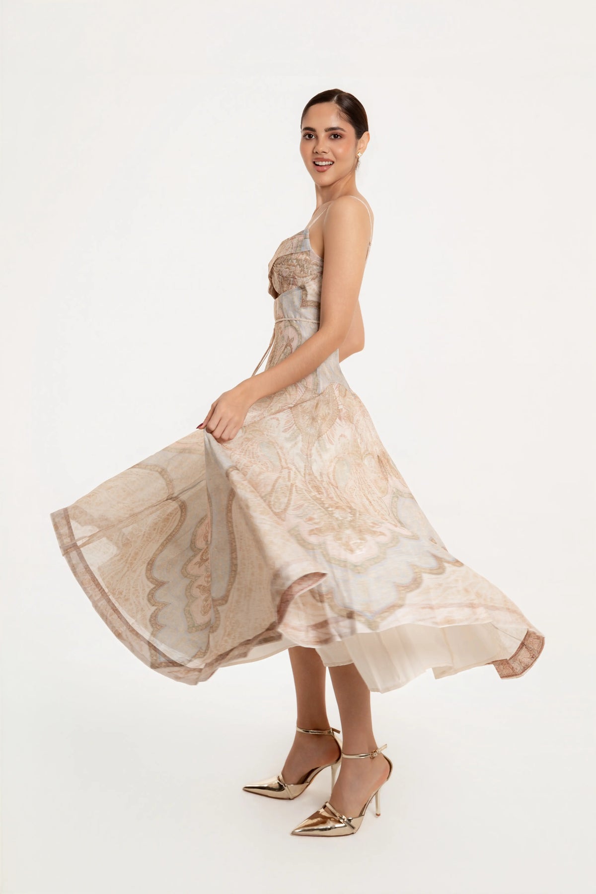 Vestido Midi Celeste Paisley Beige