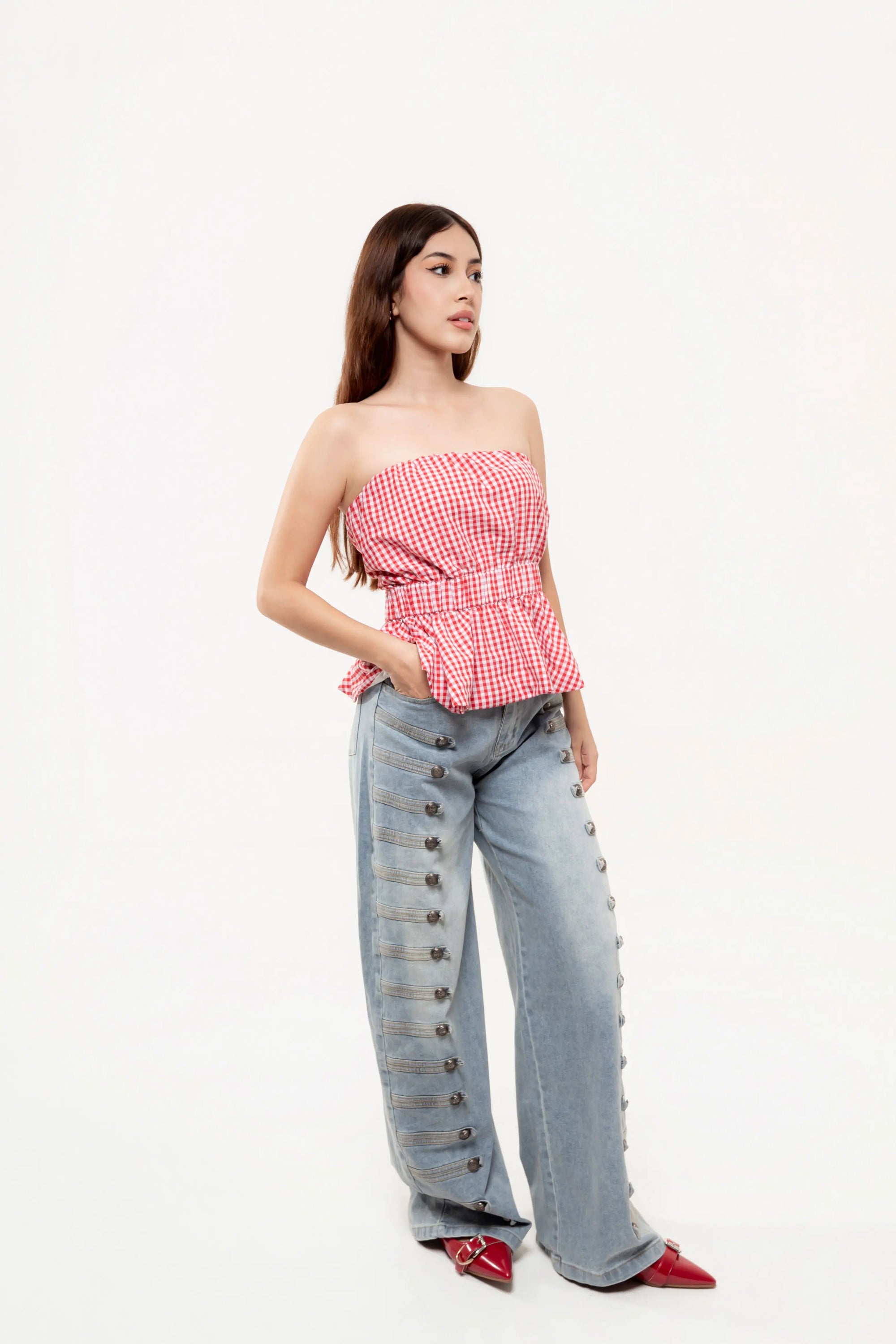 Pantalón Barrel Azul con Botones Napoleon