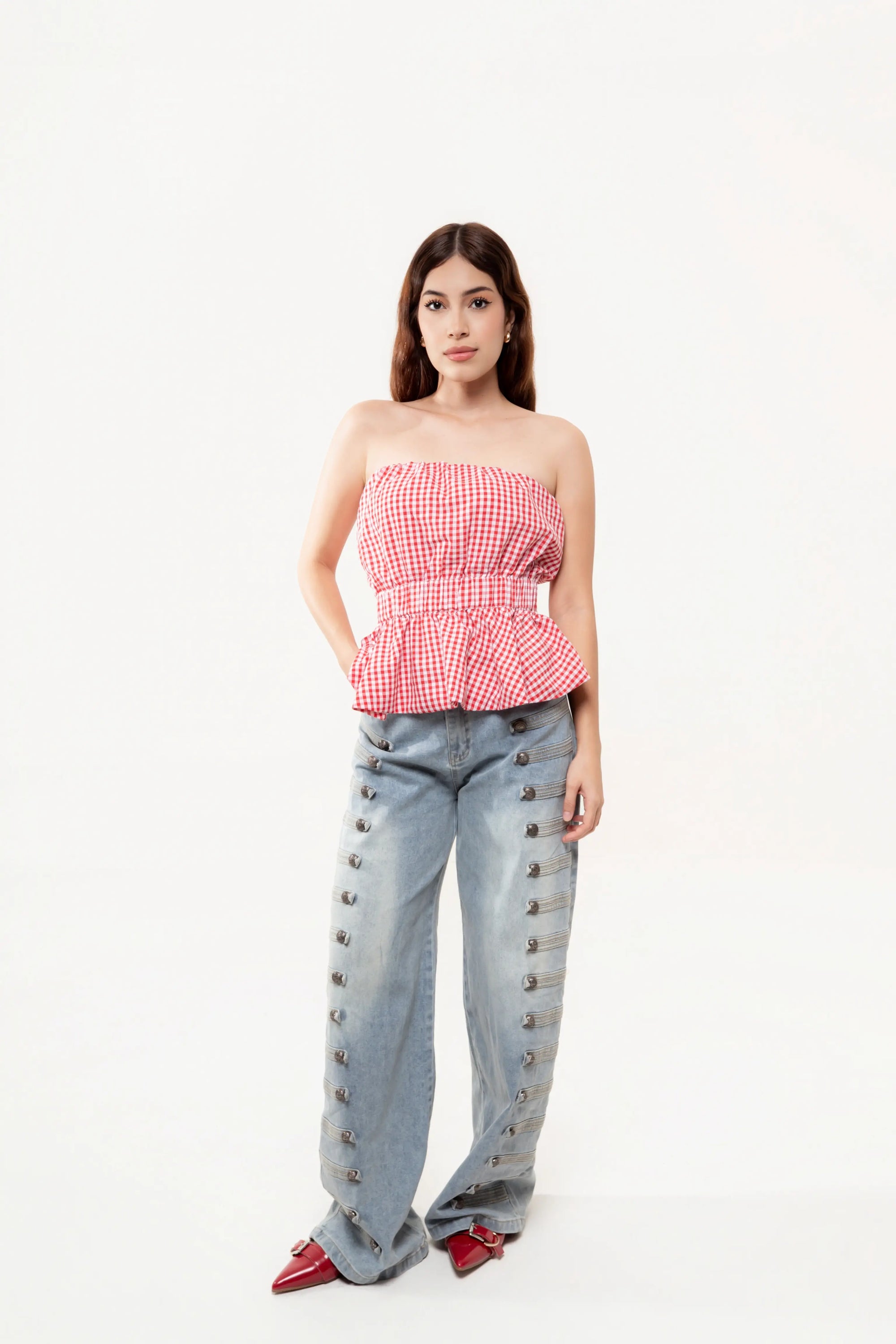 Pantalón Barrel Azul con Botones Napoleon