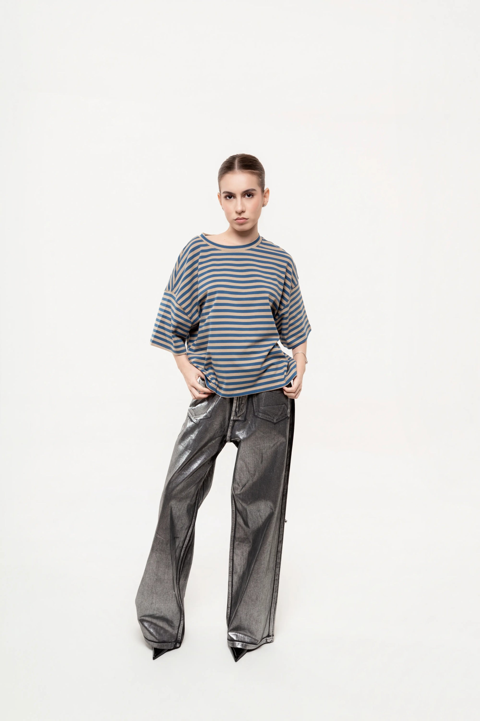 Blusa Oversize de Rayas Azul y Taupe