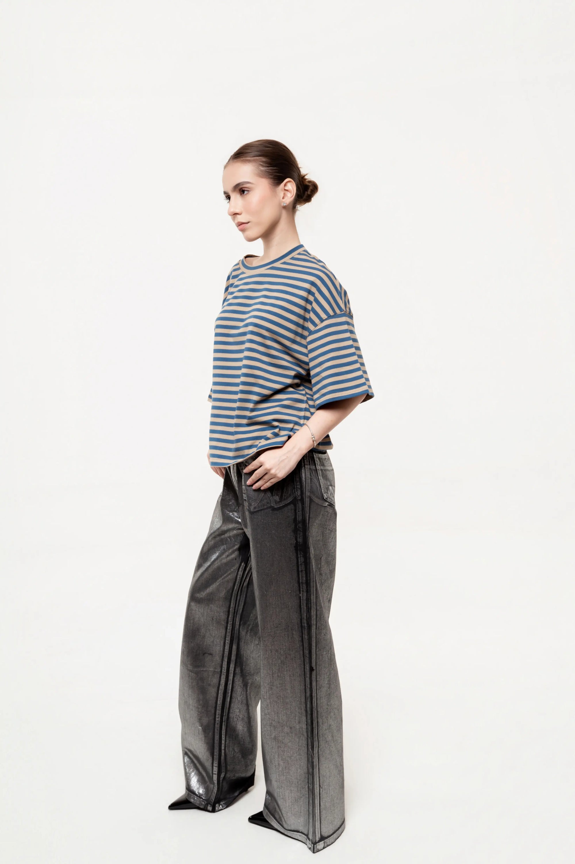 Blusa Oversize de Rayas Azul y Taupe