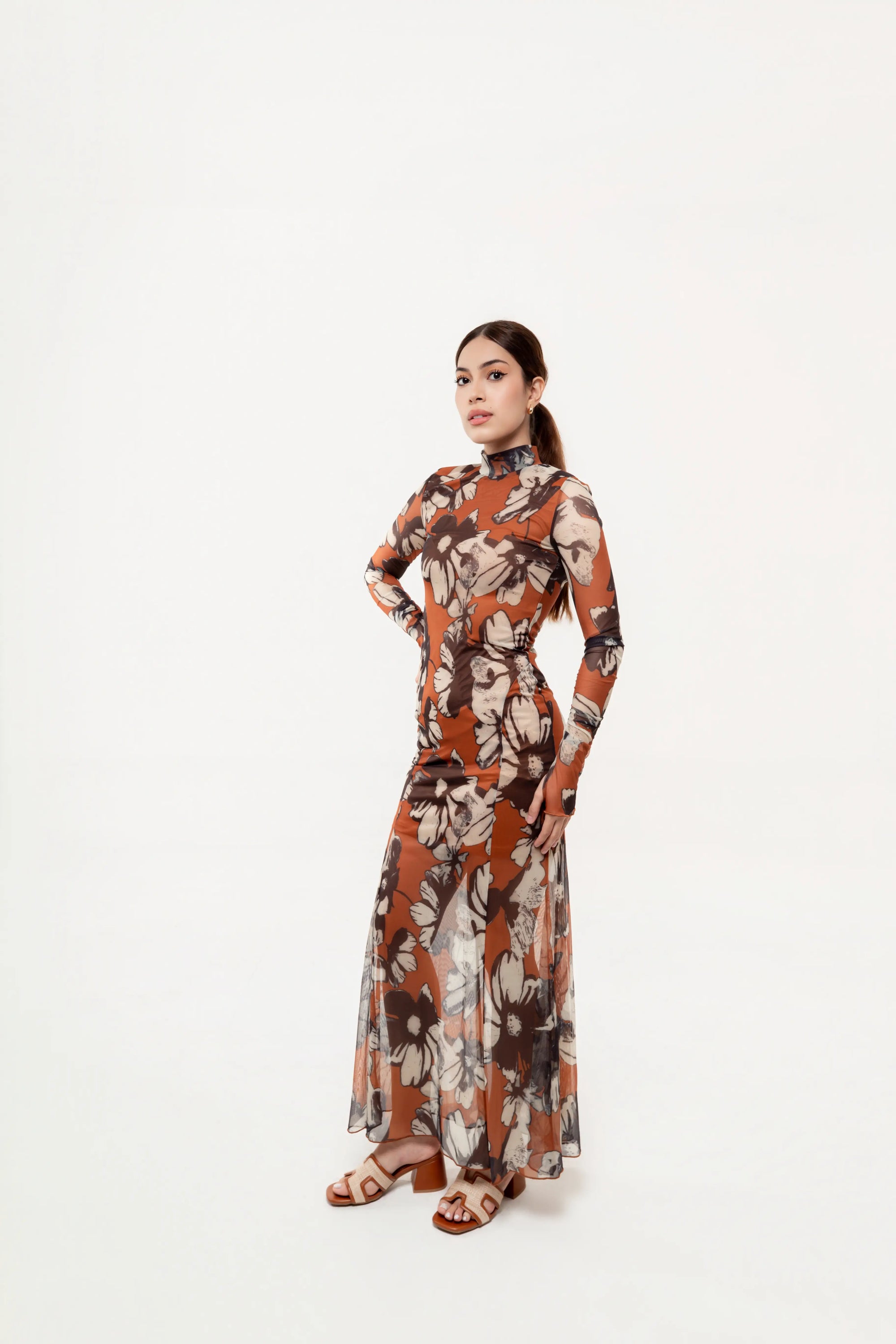 Vestido Maxi Mesh Terra Floral Camel