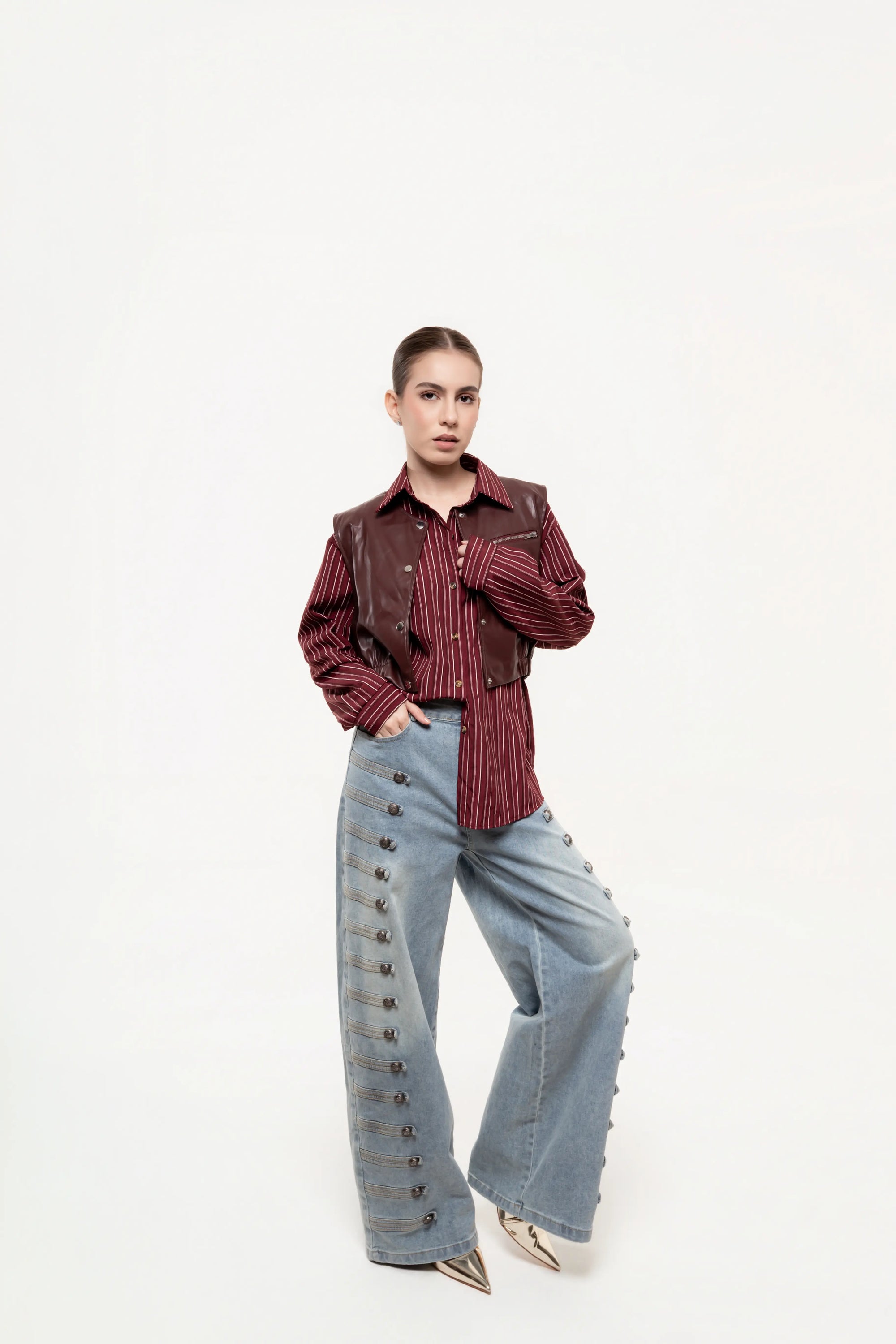 Camisa Rayas con Chaleco Efecto Piel (Copia)