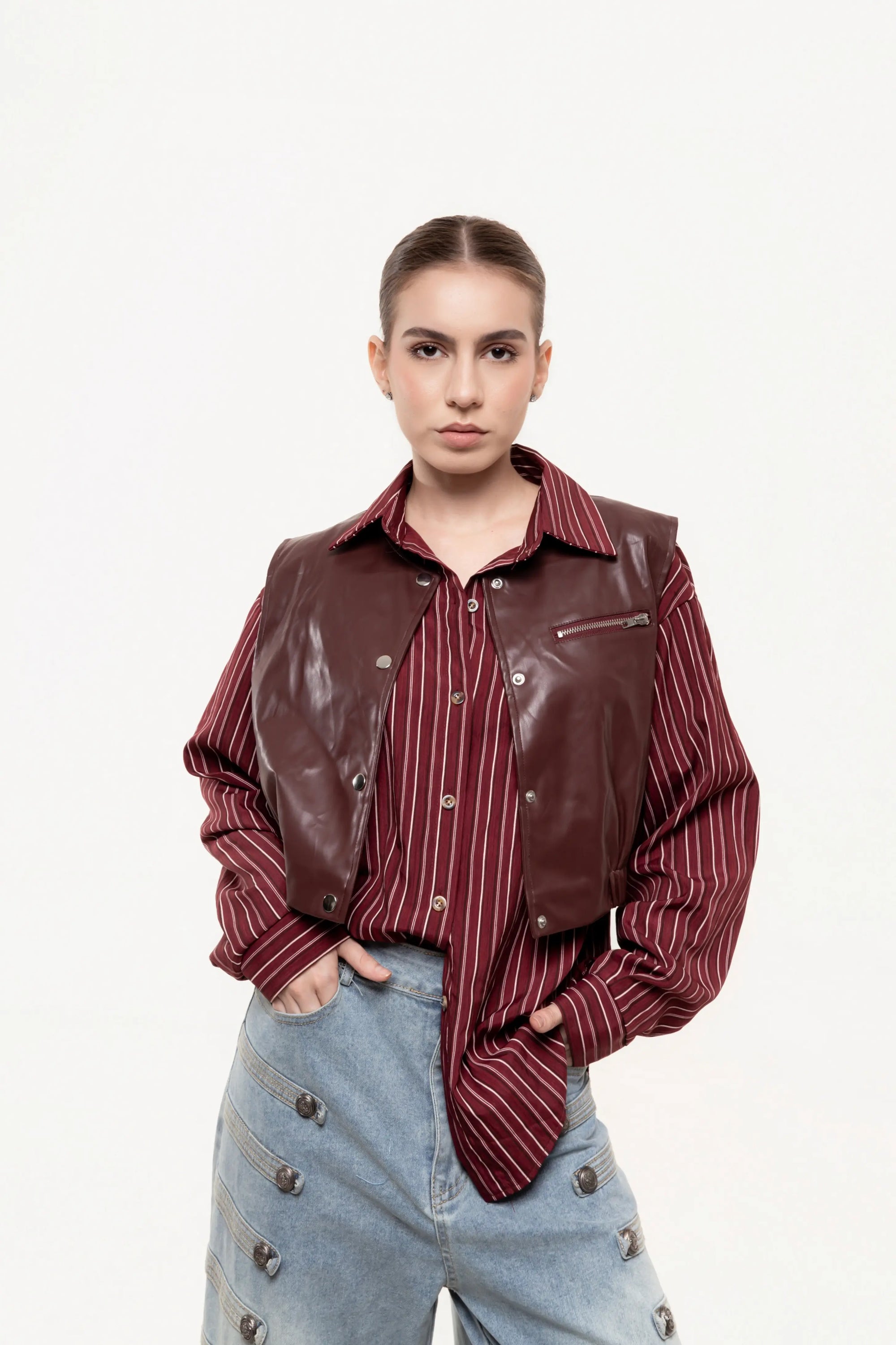 Camisa Rayas con Chaleco Efecto Piel (Copia)
