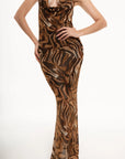 Vestido Largo Zafira Halter Animal Print Café