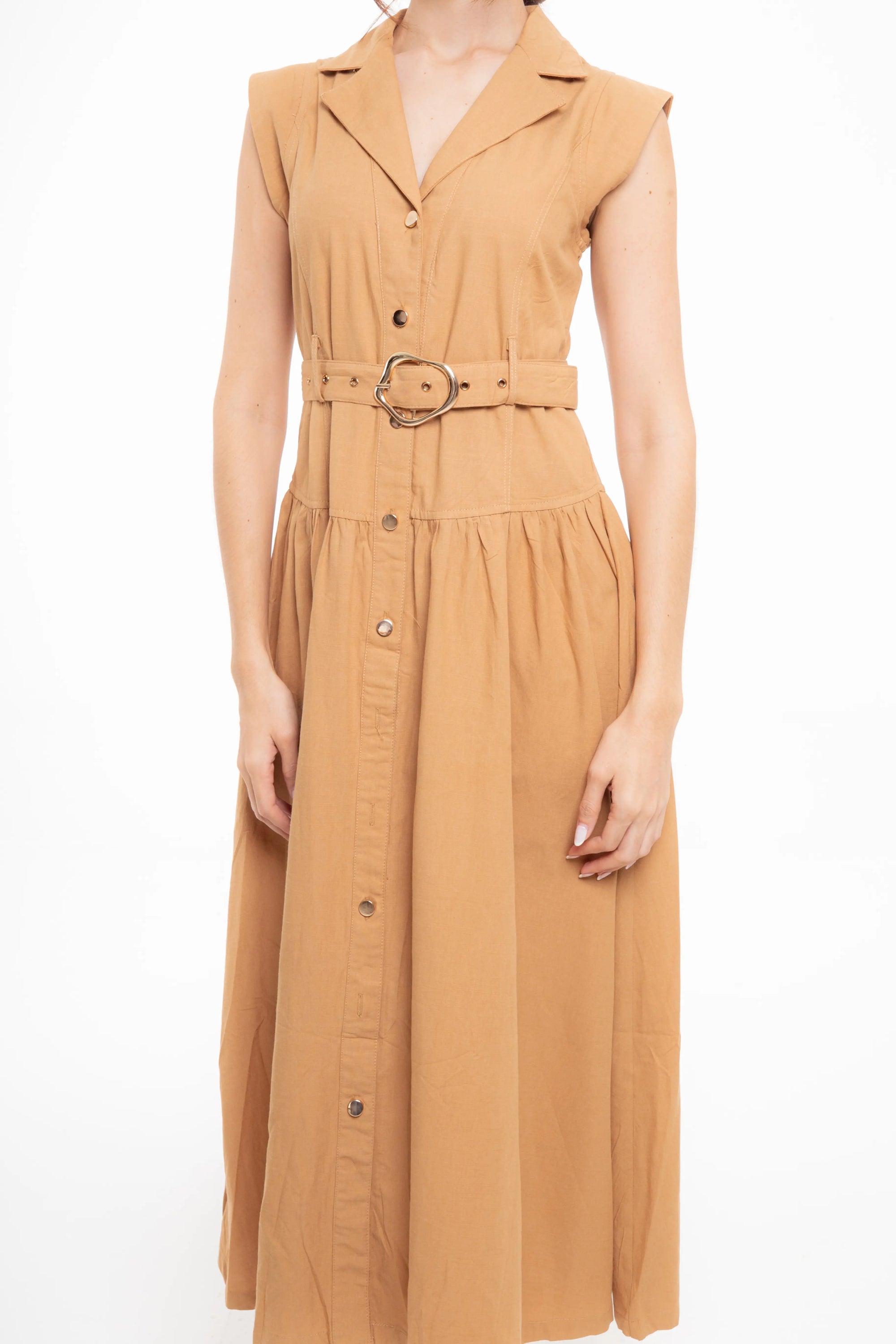 Vestido Largo Camel con Botones y Cinturón