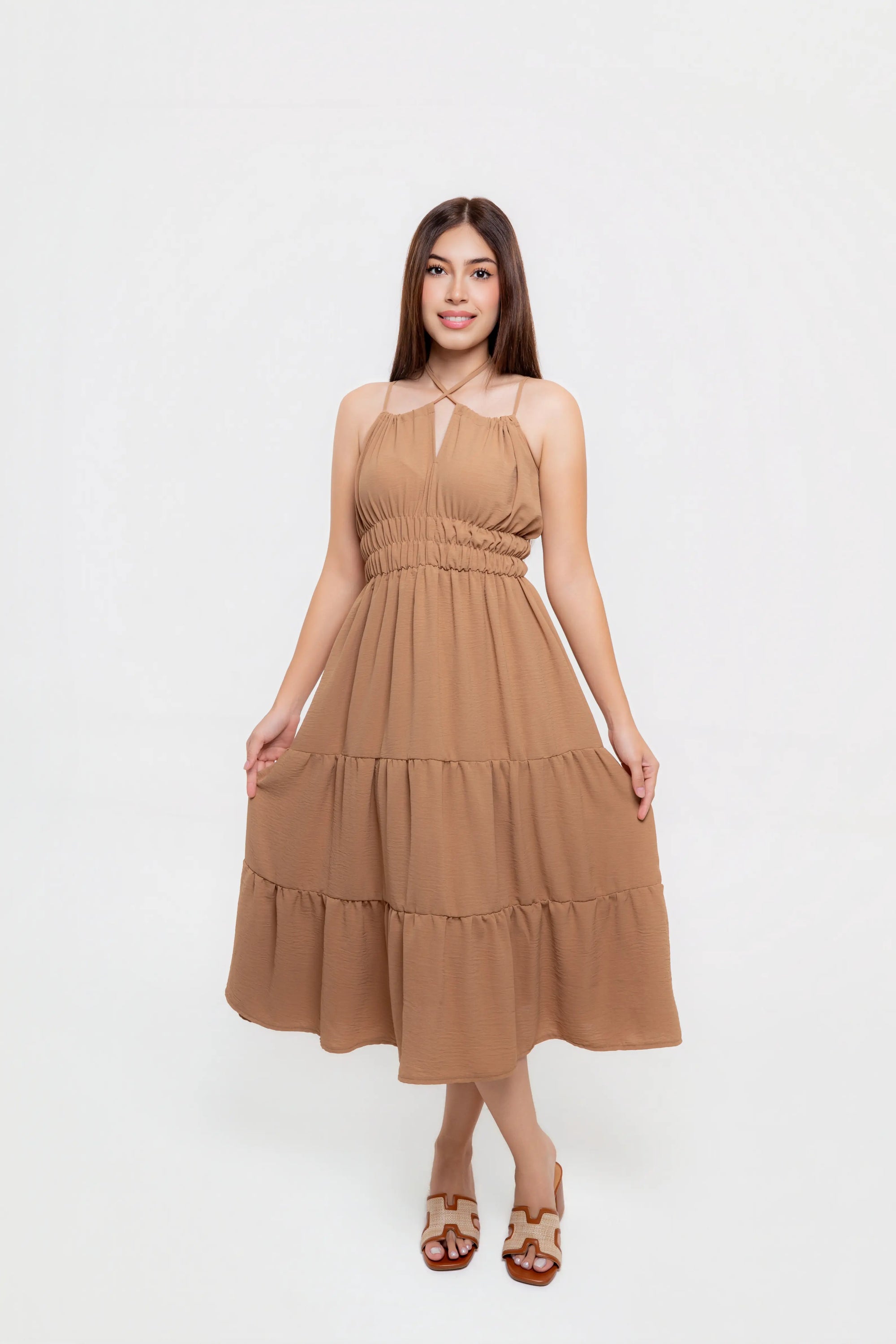 Vestido Midi Camel con Cintura Elástica