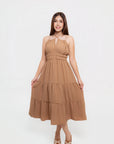 Vestido Midi Camel con Cintura Elástica