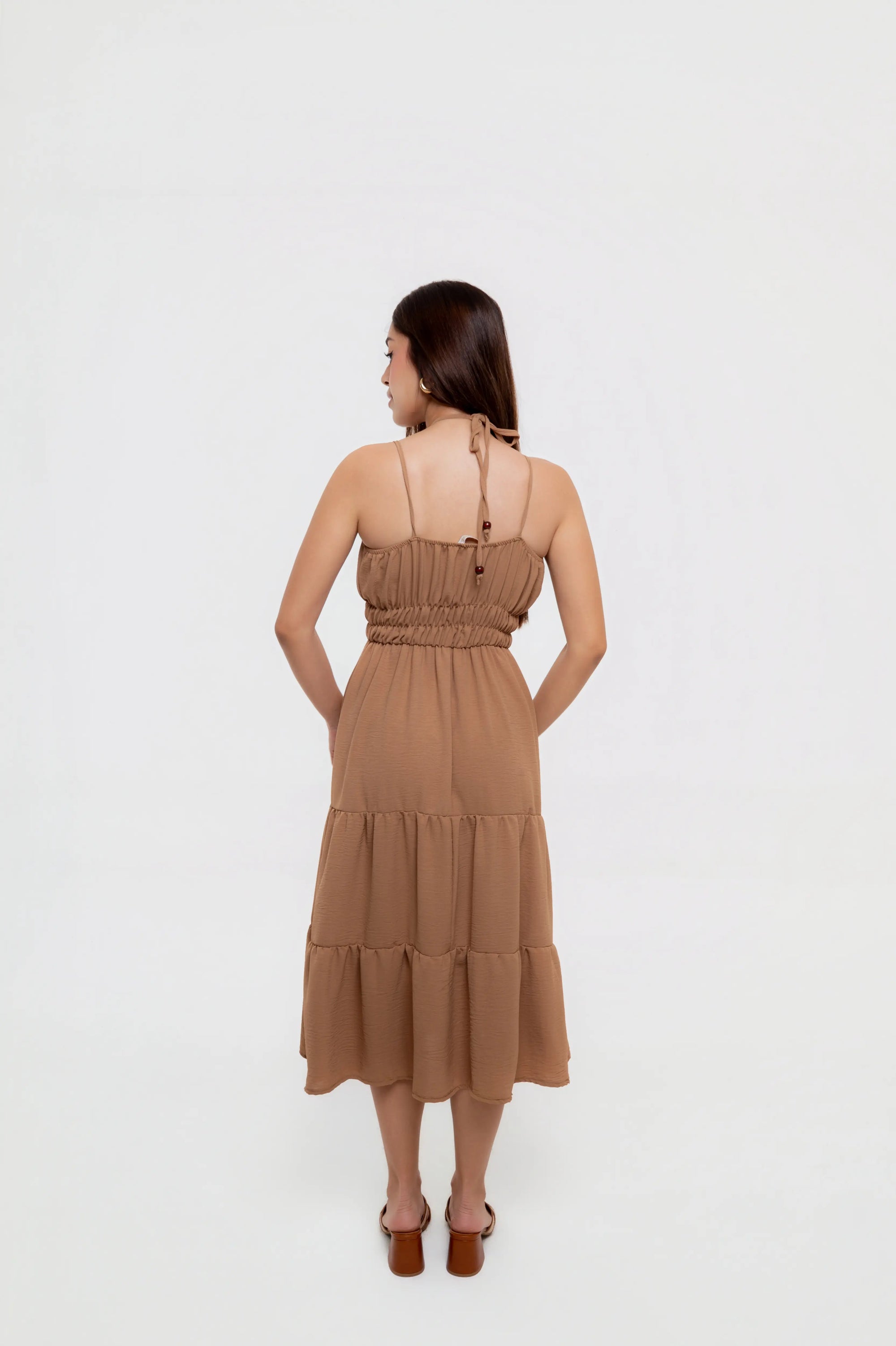 Vestido Midi Camel con Cintura Elástica