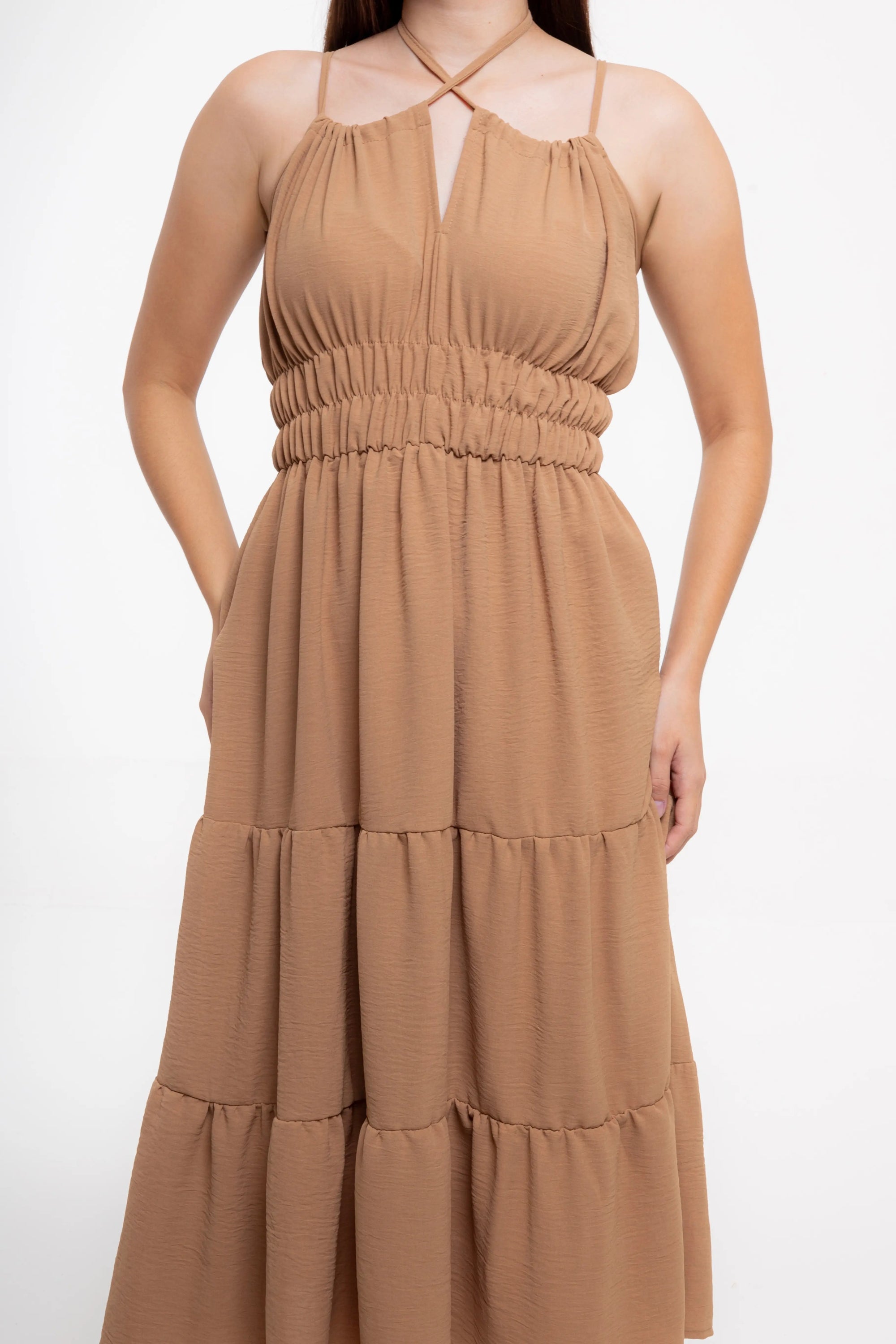 Vestido Midi Camel con Cintura Elástica