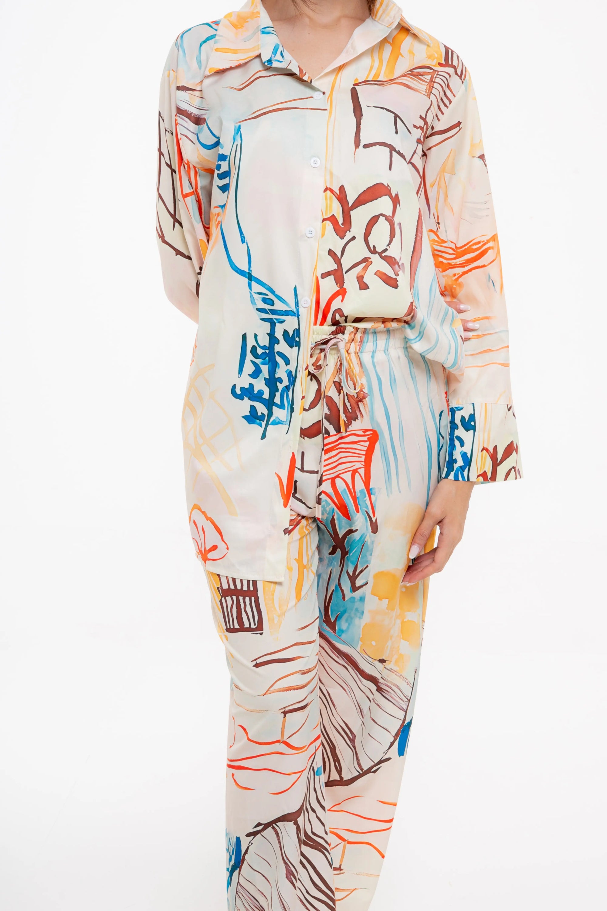 Conjunto Estampado Blusa y Pantalón Beige