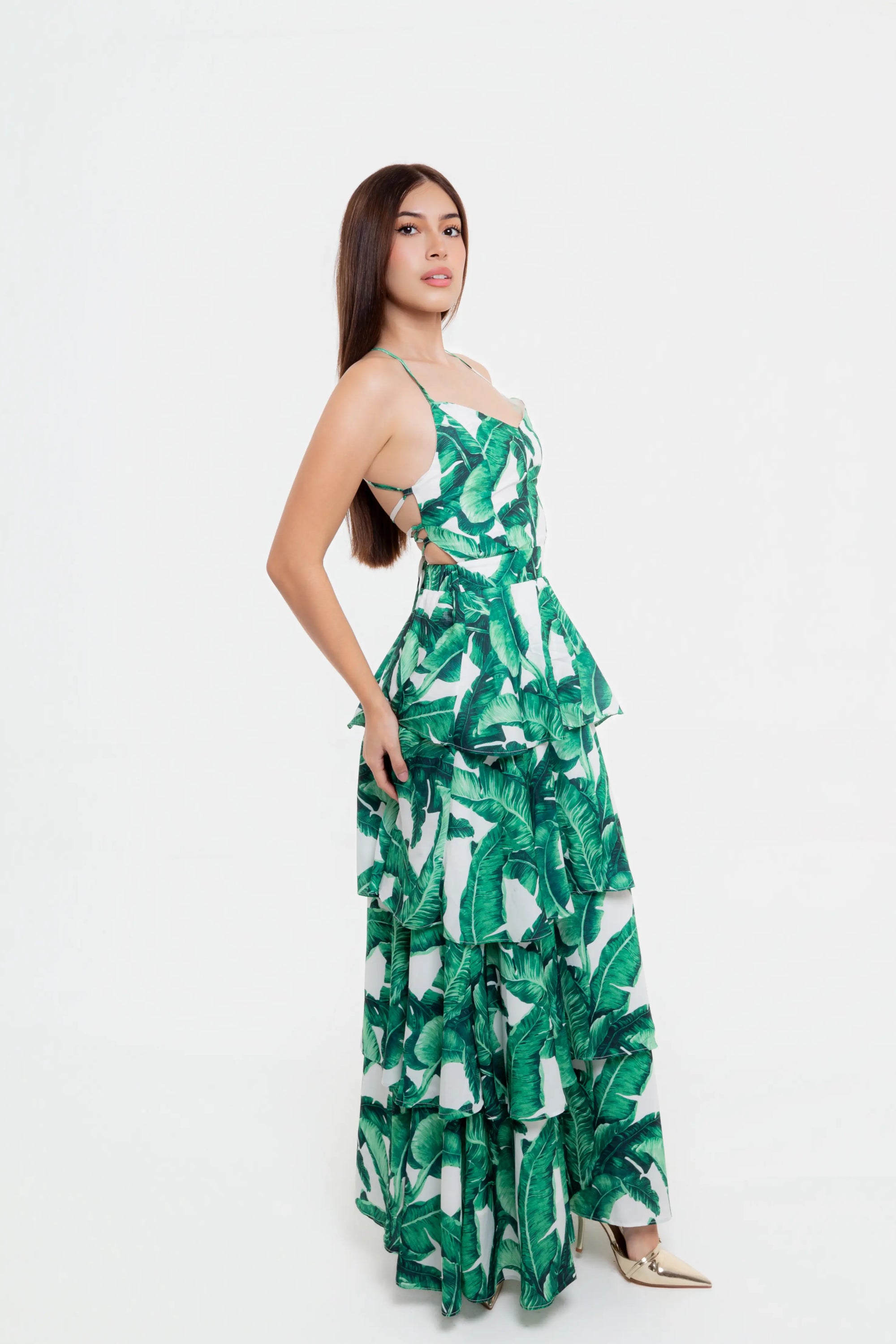 Vestido Largo Estampado Tropical Verde
