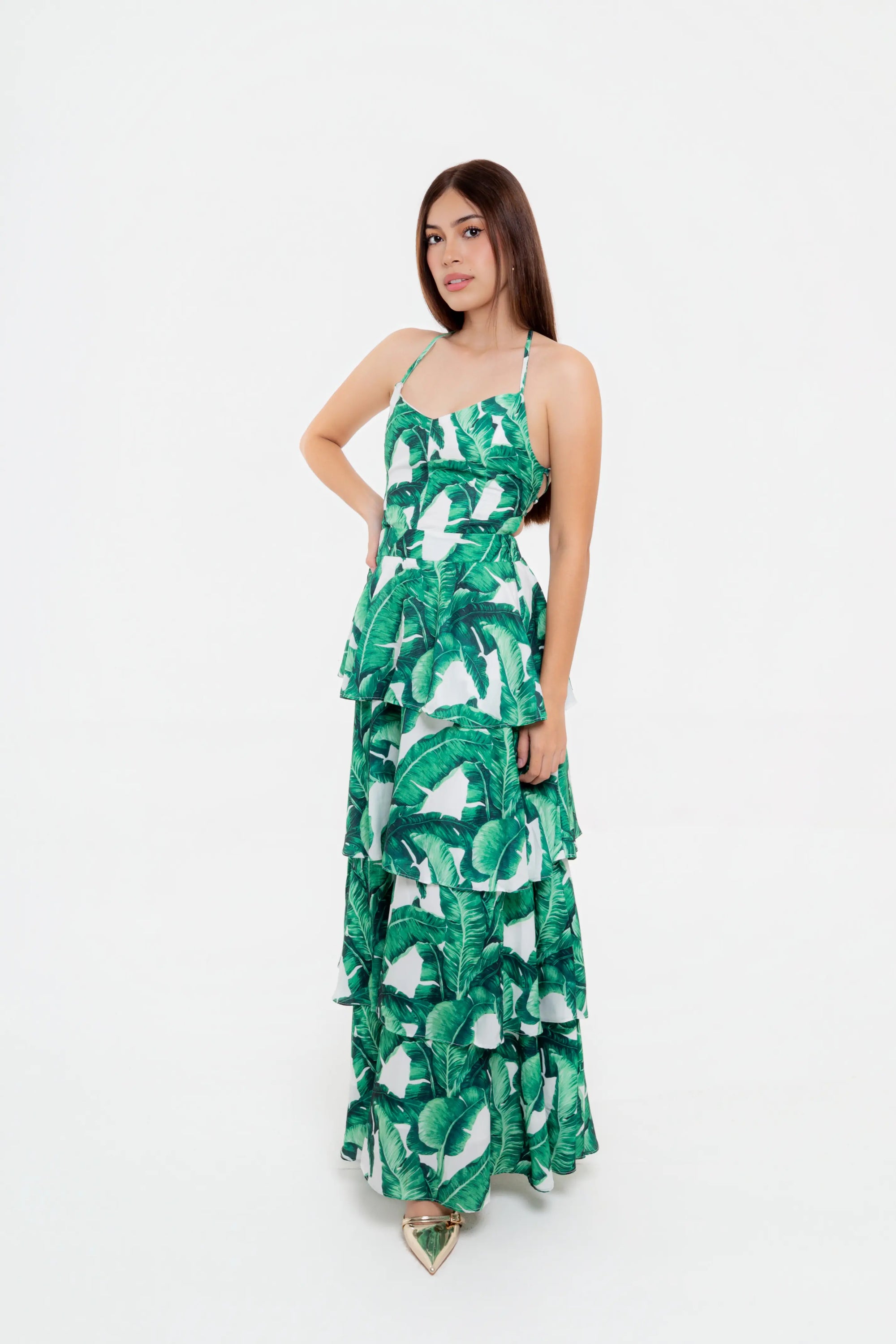 Vestido Largo Estampado Tropical Verde