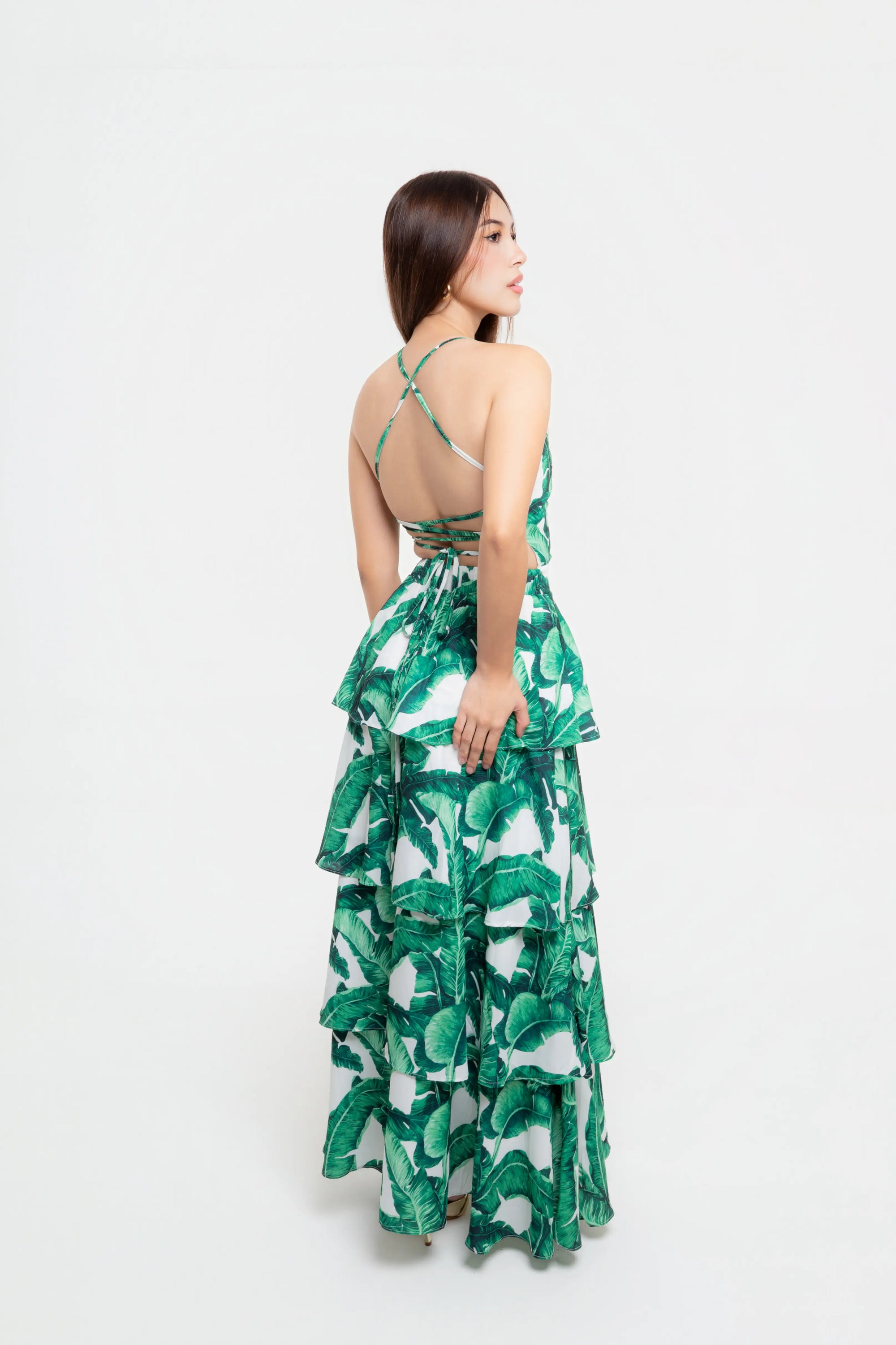 Vestido Largo Estampado Tropical Verde